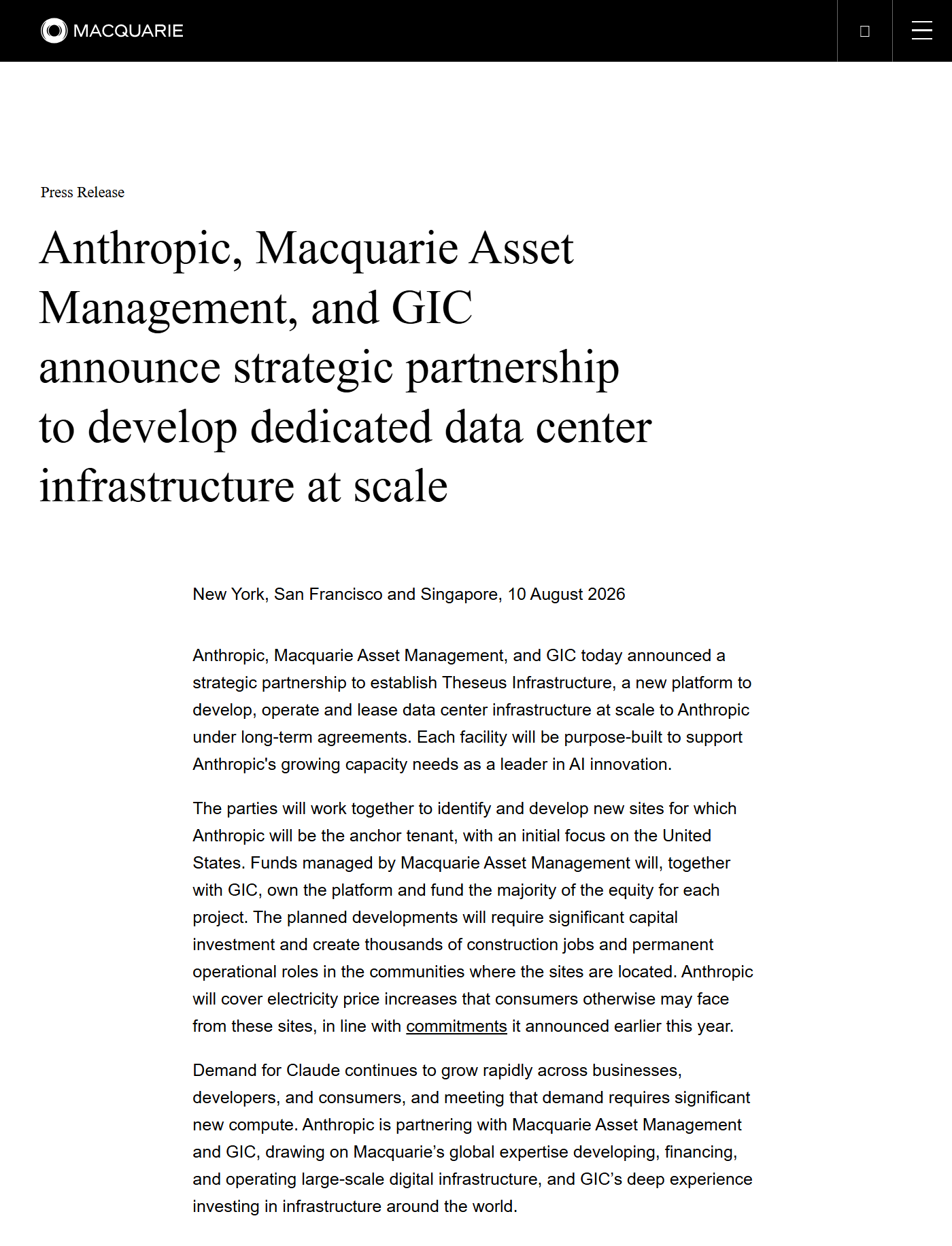 Ảnh chụp màn hình thông cáo báo chí trên macquarie.com với tiêu đề "Anthropic, Macquarie Asset Management, and GIC announce strategic partnership to develop dedicated data center infrastructure at scale", dòng địa điểm "New York, San Francisco and Singapore, 10 August 2026" và toàn bộ ba đoạn nội dung: Theseus Infrastructure là nền tảng phát triển, vận hành và cho thuê data center cho Anthropic theo hợp đồng dài hạn; Anthropic là khách thuê chính, trọng tâm ban đầu tại Mỹ; các quỹ do Macquarie Asset Management quản lý cùng GIC sở hữu nền tảng và tài trợ phần lớn vốn chủ sở hữu; Anthropic bù phần tăng giá điện cho người tiêu dùng. Không có bất kỳ con số nào về vốn đầu tư, công suất MW/GW hay số lượng địa điểm.